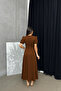 Brown Imported Crepe Fabric Watermelon Sleeve Back Zipper Midi Length Dress - 2