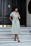 Women's Silky Modal Fabric Collar Off-Shoulder Epaulets Side Pockets Belted Below the Knee Length Long Dress-Angle - 2