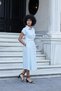Women's Twill Modal Collar Off-Shoulder Double Sleeve Midi Length Knee-Length Dress (Leather Belt Included)-Blue - 5