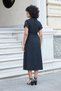 Women's Silky Modal Fabric Collar Off-Shoulder Epaulets Side Pockets Belted Below Knee Length Long Dress-Siy - 7