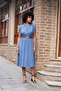 Women's Soft Textured Silky Modal Fabric Domineering Collar Elastic Waist Button Front Above Knee Dress-Indigo - 3