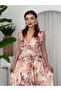Women's Chiffon Fabric Floral Patterned Back and Chest Low-Cut Slit Detailed Maxi Length Dress - 7