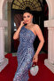 Sequin Fabric Single Sleeve Pencil Dress - Indigo Blue - 4