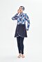 Full Covered Lycra Patterned Skirted Hijab Swimsuit Navy Blue 3481-L - 3