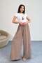 Kraşlı Elastic Waist Modal Wide Leg Palazzo Trousers - Mink - 4
