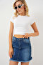 Women's Tasseled Mini Denim Skirt 8051 - Navy Blue
