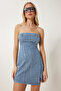 Women's Blue Bone Strapless Mini Denim Dress Yz00006 - 2
