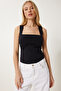 Women's Black Square Neck Gathered Stretchy Knitted Blouse Fw00014