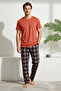 Kiremit - Lacivert Regular %100 Pamuk Ekose Örme Pijama Takımı THMSS21PT0328 - 2