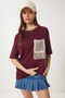 Women's Burgundy Oversize Embroidery Pocket Knitted T-Shirt Zv00277 - 2