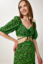 Women's Green Black Patterned Crop Blouse Skirt Set Fk00033 - 3