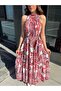 Women's Halter Neck Off-The-Shoulder Belted Maxi Length Patterned Single Jersey Dress - 2