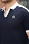 Navy Blue Embroidered V Polo Neck Short Sleeve T-Shirt-2524 - 3