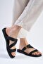 Genuine Leather Black Color Blunt Toe Women's Flat Slippers - 3