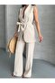Women's Shawl Collar Belted Vest Palazzo Pants Suit - 7