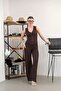 Women's Light Brown Seersucker Fabric Buttoned Vest and Wide Leg Pants Set – Modern, Stylish and Comfortable 4707 - 2
