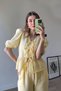 Yellow Lace-Up Blouse Wide Leg Muslin Trousers Set - 2