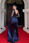 Satin Fabric Mermaid Dress with Ruffled Sleeves and Beaded Details - NAVY BLUE - 4