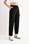 Women's Black High Waist Pocket Modal Fabric Ribbed Front Balloon Shape Pants
