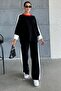 Women's Black Stretchy Knit Fabric Striped Patterned Slit Sweater and Trousers Oversize Two-Piece Set 1030