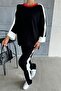 Women's Black Stretchy Knit Fabric Striped Patterned Slit Sweater and Trousers Oversize Two-Piece Set 1030 - 6