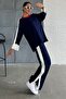 Women's Navy Blue Stretchy Knit Fabric Striped Patterned Slit Sweater and Trousers Oversize Two-Piece Set 1030 - 8