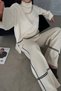 Flexible Knitwear Oversize Sweater and Striped High Waist Wide Leg Trousers Cream Bottom Top Knitwear Suit 3040