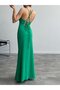 Long Evening Dress with Back Corset Deep Left Slit Degage Satin Straps