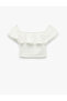 Sleeveless Lined Slim Fit Scalloped Embroidery Ruffle Off-The-Shoulder Crop Blouse - 3