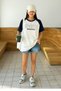 Sports Athleisure White Body Navy Blue Sleeve T-Shirt - Oversize Crew Neck T-Shirt - 2