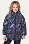 Girl's Cobalt Blue Anthracite Digital Pattern Fleece Water and Windproof Hooded Puffer Winter Coat