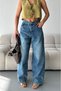 Women's Jeans Baggy Loose Cut Snow Chemical Washed Whisker Trousers Blue 4001 - 5