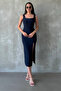Navy Blue – Women's Square Neck Stretchy Slit Dress - 2
