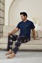 Men's Short Sleeve, Bottom Long Placket Button, with Pockets 100% Cotton Indigo Color Father's Day Pajamas Set