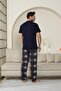 Men's Short Sleeve, Bottom Long Placket Button, with Pockets 100% Cotton Navy Color Father's Day Pajamas Set - 3