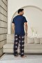 Men's Short Sleeve, Bottom Long Placket Button, with Pockets 100% Cotton Indigo Color Father's Day Pajamas Set - 3