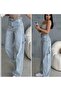 Light Blue Super Baggy Jean Pants with Epaulettes Double Belt Adjustable Wide Leg Super High Waist