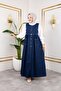 Women's Buttoned Waist Drawstring Navy Blue Denim Gilet - 4