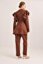 Button Detailed Stand Collar Ruffled Shoulder Scuba Suit Brown - 4