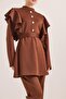 Button Detailed Stand Collar Ruffled Shoulder Scuba Suit Brown - 3
