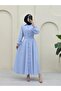 Full Button Double Pocket Sleeve Elasticated Poplin Dress - Baby Blue - 3