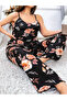 Floral Print Plus Size Black Satin Pajamas Set - 2