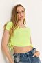 Crew Neck Crop Blouse with Gathered Sides Green - 2