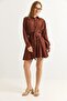 Shirt Collar Stripe Waist Belted Dress Brown