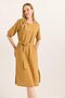Pocket Belt Detailed Slit Woven Linen Dress Mustard - 3