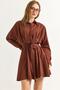 Shirt Collar Stripe Waist Belted Dress Brown - 5