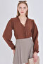 Women's Light Brown Collar and Front Ruffle Detail Long Sleeve Blouse with Elastic Sleeves Arm-25K001030