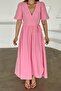 V-Neck Waist Tie Muslin Dress Pink 9354-E - 7