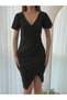 Women's Short Sleeve Flounce Double Breasted Collar Gathered Sides Imported Crepe Dress - 2