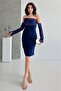 Navy Blue Satin Sleeve Detailed Midi Evening Dress